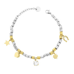 BRACCIALE CATENA DI CILINDRI MARTELLATI CON PORTAFORTUNA PENDENTI COLORE ORO E PUNTO LUCE CRYSTAL BIANCO IN ACCIAIO