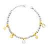 BRACCIALE CATENA DI CILINDRI MARTELLATI CON PORTAFORTUNA PENDENTI COLORE ORO E PUNTO LUCE CRYSTAL BIANCO IN ACCIAIO