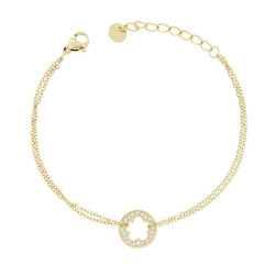 BRACCIALE DUE FILI CATENA FORZATINA DIAMANTATA CON TONDO CON FIORE E CRYSTAL BIANCHI IN ACCIAIO COLORE ORO