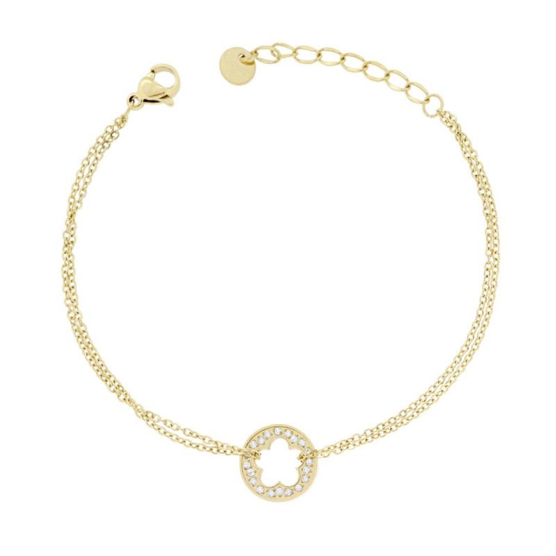BRACCIALE DUE FILI CATENA FORZATINA DIAMANTATA CON TONDO CON FIORE E CRYSTAL BIANCHI IN ACCIAIO COLORE ORO