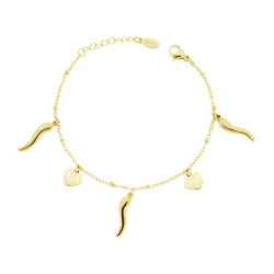 BRACCIALE CATENA FORZATINA DIAMANTATA CON CORNI E CUORI PENDENTI IN ACCIAIO COLORE ORO