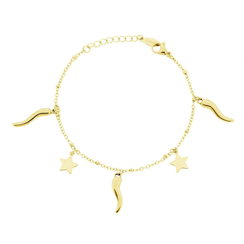 BRACCIALE CATENA FORZATINA CON STELLE PLAIN E CORNI PORTAFORTUNA IN ACCIAIO