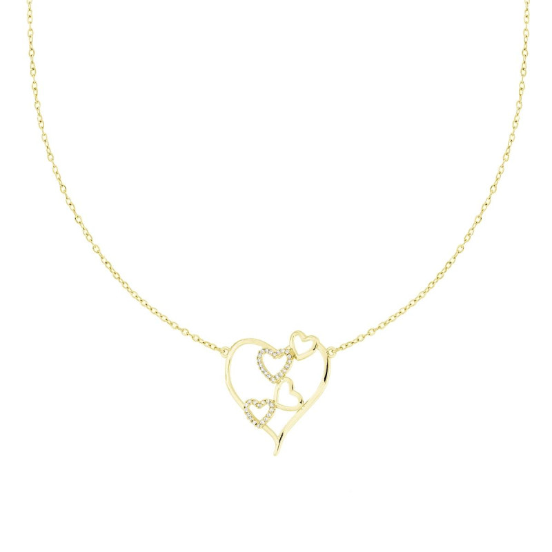 COLLANA CATENA FORZATINA DIAMANTATA CON CUORI E CRYSTAL BIANCHI IN ACCIAIO E OTTONE COLORE ORO