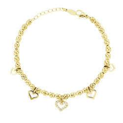 BRACCIALE CATENA OVALI MARTELLATI CON CUORI CHARMS E CRISTAL BIANCHI IN ACCIAIO COLORE ORO