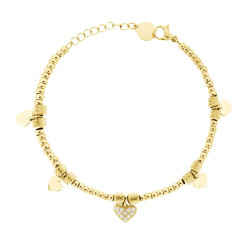 BRACCIALE CATENA PALLINE CON CUORI PLAIN E CRYSTAL BIANCHI PENDENTI IN ACCIAIO COLORE ORO