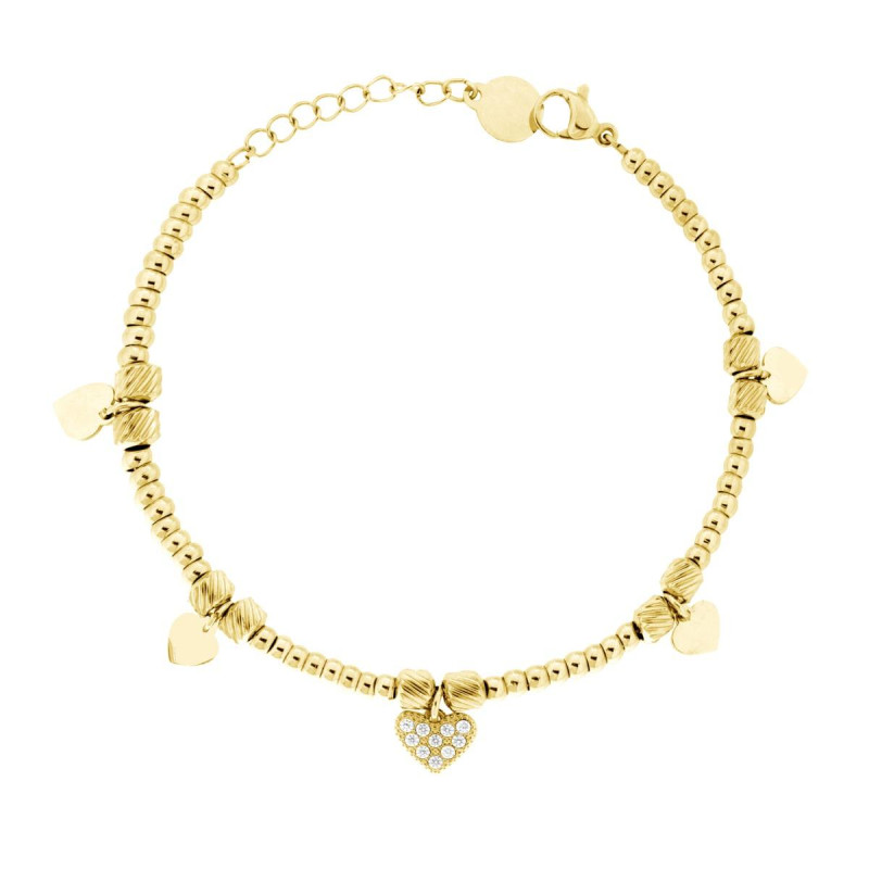 BRACCIALE CATENA PALLINE CON CUORI PLAIN E CRYSTAL BIANCHI PENDENTI IN ACCIAIO COLORE ORO