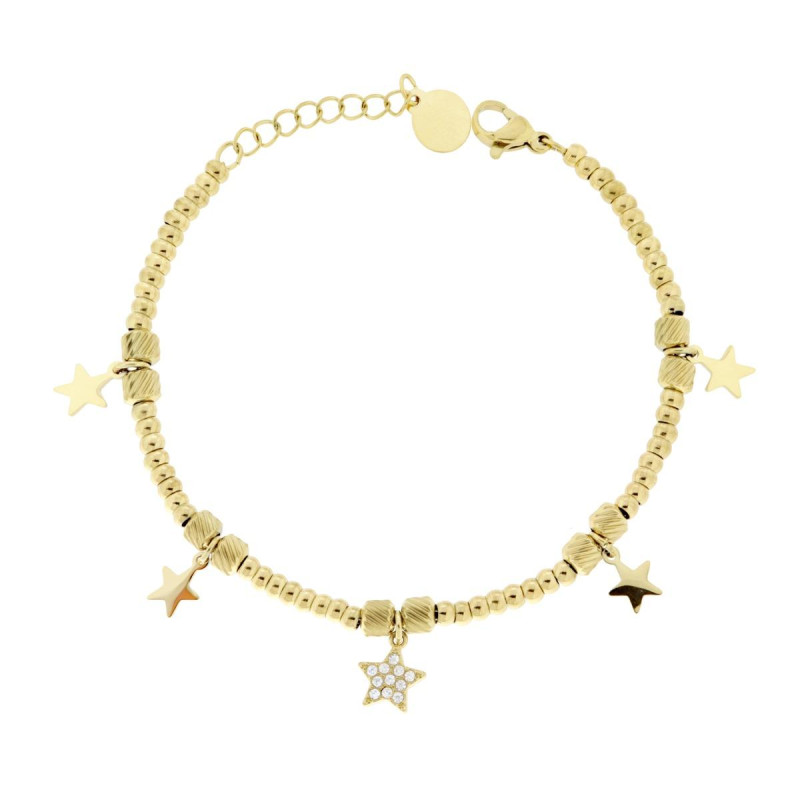 BRACCIALE CATENA PALLINE CILINDRETTI DIAMANTATI CON STELLE PLAIN E CON CRYSTAL BIANCHI PENDENTI IN ACCIAIO COLORE ORO