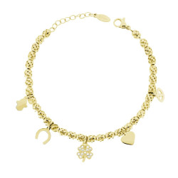 BRACCIALE CATENA OVALI MARTELLATI CON CUORE QUADRIFOGLIO MANO DI FATIMA FERRO DI CAVALLO E OCCHIO CHARMS E CRYSTAL BIANCHI IN AC