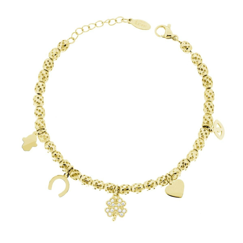 BRACCIALE CATENA OVALI MARTELLATI CON CUORE QUADRIFOGLIO MANO DI FATIMA FERRO DI CAVALLO E OCCHIO CHARMS E CRYSTAL BIANCHI IN AC