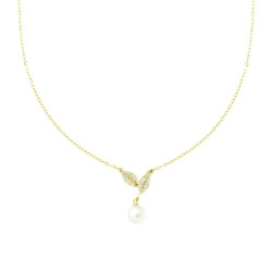 COLLANA CATENA FORZATINA CON FOGLIE CRYSTAL BIANCHI E PERLA IN ACCIAIO E OTTONE COLORE ORO