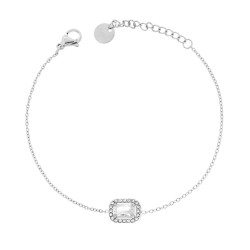 BRACCIALE CATENA FORZATINA DIAMANTATA CON RETTANGOLO BAGUETTE E CRYSTAL BIANCHI IN ACCIAIO