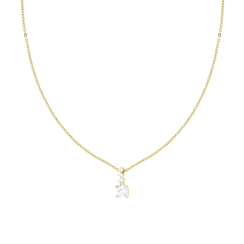 COLLANA CATENA FORZATINA DIAMANTATA CON PUNTO LUCE CUSHION E TRILOGY CUBIC ZIRCONIA BIANCHI IN ACCIAIO COLORE ORO
