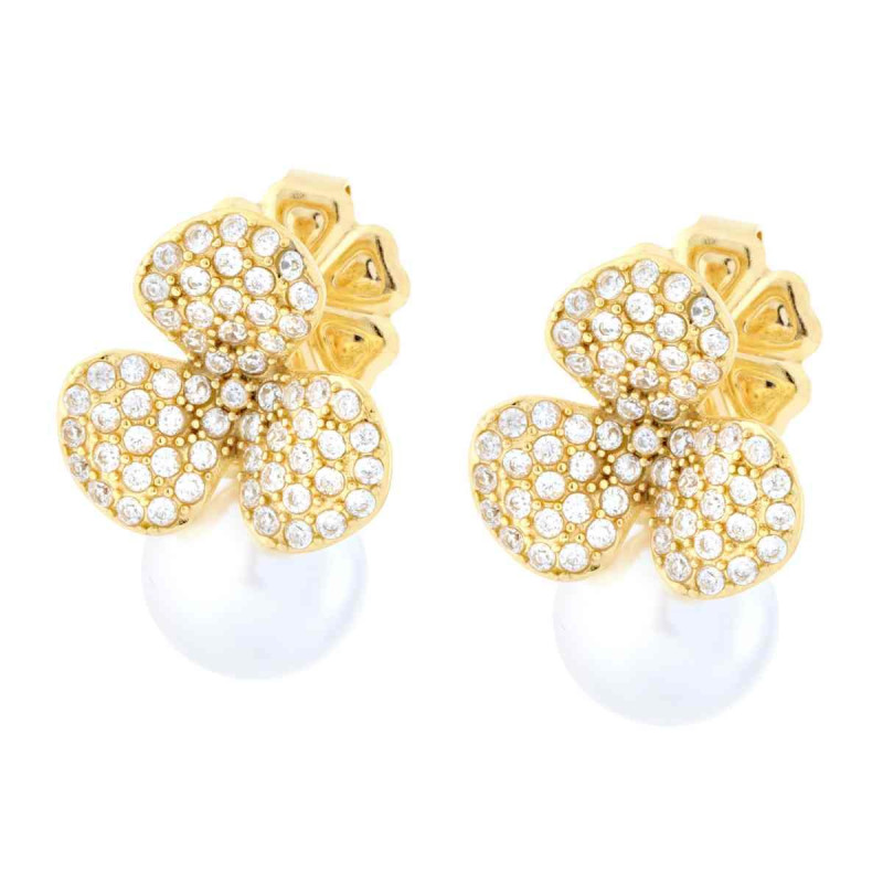 ORECCHINI FIORE TRIFOGLIO CON PERLA E CRYSTAL BIANCHI IN ACCIAIO COLORE ORO