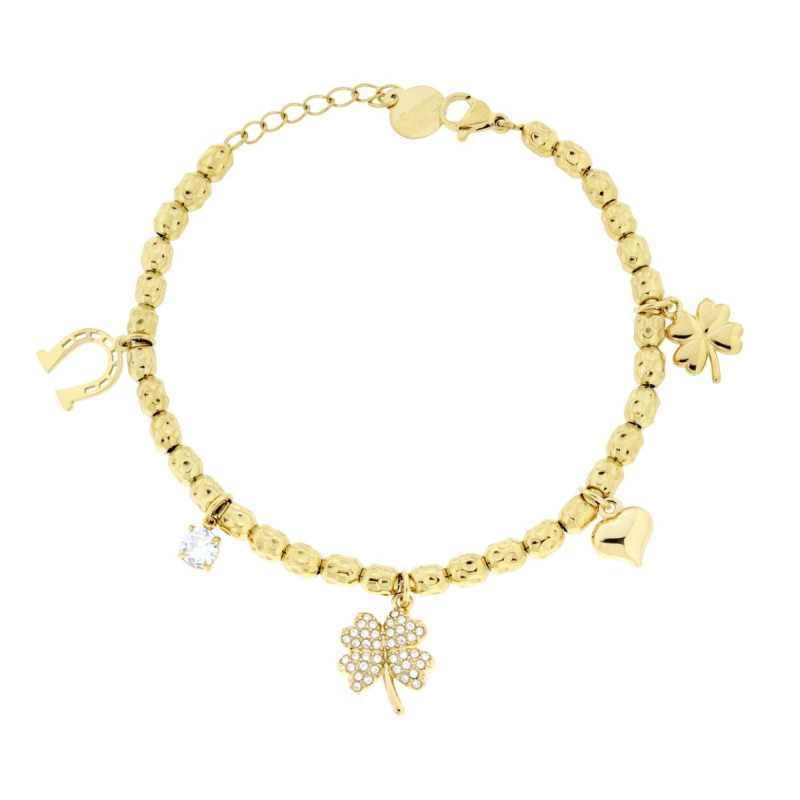 BRACCIALE CATENA OVALI MARTELLATI CON QUADRIFOGLI CUORE CHARMS PORTAFORTUNA E CRYSTAL BIANCHI IN ACCIAIO COLORE ORO