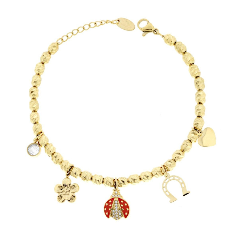 BRACCIALE CATENA OVALI DIAMANTATI CON COCCINELLA SMALTO ROSSO QUADRIFOGLI CUORE CHARMS PORTAFORTUNA E CRISTAL BIANCHI IN ACCIAIO