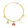 BRACCIALE CATENA OVALI DIAMANTATI CON COCCINELLA SMALTO ROSSO QUADRIFOGLI CUORE CHARMS PORTAFORTUNA E CRISTAL BIANCHI IN ACCIAIO