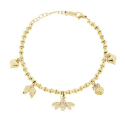 BRACCIALE CATENA CILINDRETTI CON APE CHARMS ANIMALI E CRYSTAL BIANCHI IN ACCIAIO COLORE ORO