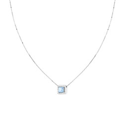 COLLANA CATENA VENEZIANA DIAMANTATA CON QUADRATO CARRE ACQUAMARINA CONTORNATO DA CUBIC ZIRCONIA BIANCHI IN ARGENTO 925 GALVANICA