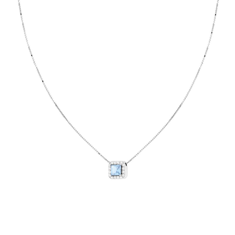 COLLANA CATENA VENEZIANA DIAMANTATA CON QUADRATO CARRE ACQUAMARINA CONTORNATO DA CUBIC ZIRCONIA BIANCHI IN ARGENTO 925 GALVANICA