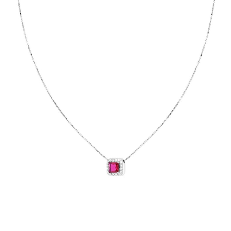 COLLANA CATENA VENEZIANA DIAMANTATA CON QUADRATO CARRE ROSSO RUBINO CONTORNATO DA CUBIC ZIRCONIA BIANCHI IN ARGENTO 925 GALVANIC