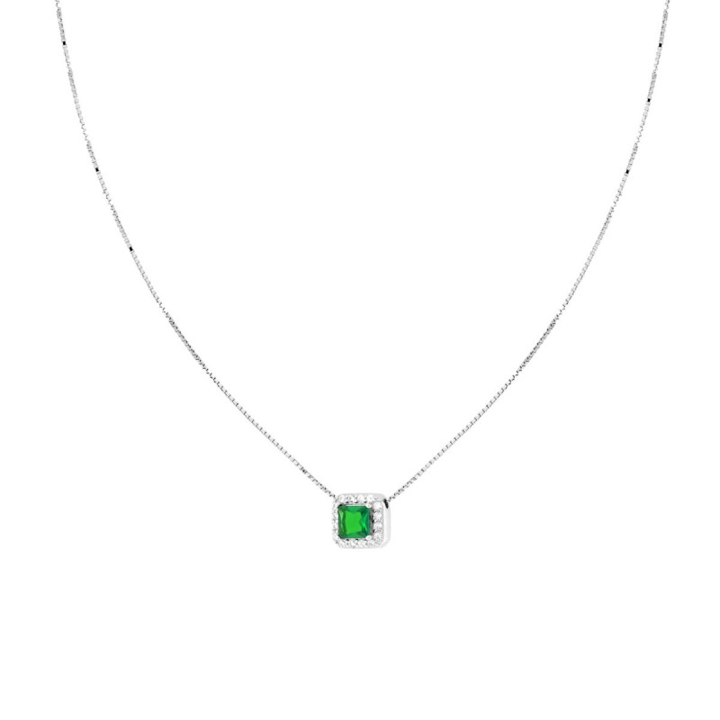 COLLANA CATENA VENEZIANA DIAMANTATA CON QUADRATO CARRE VERDE SMERALDO CONTORNATO DA CUBIC ZIRCONIA BIANCHI IN ARGENTO 925 GALVAN