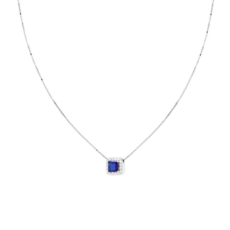 COLLANA CATENA VENEZIANA DIAMANTATA CON QUADRATO CARRE BLU ZAFFIRO CONTORNATO DA CUBIC ZIRCONIA BIANCHI IN ARGENTO 925 GALVANICA