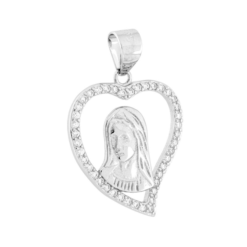 CIONDOLO CUORE CON MADONNA E CUBIC ZIRCONIA BIANCHI IN ARGENTO 925 GALVANICA RODIO