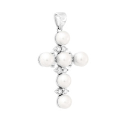 CIONDOLO CROCE CON PERLE E CUBIC ZIRCONIA BIANCHI IN ARGENTO 925 GALVANICA RODIO