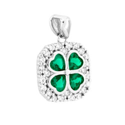 CIONDOLO OTTAGONALE CON QUADRIFOGLIO CUORI VERDE SMERALDO CONTORNATI DA CUBIC ZIRCONIA BIANCHI IN ARGENTO 925 GALVANICA RODIO