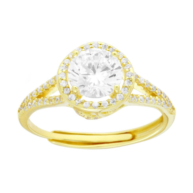 ANELLO SOLITARIO MM 6.5 CONTORNATO DA CUBIC ZIRCONIA BIANCHI IN ARGENTO 925 GALVANICA ORO