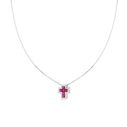 COLLANA CATENA VENEZIANA DIAMANTATA CON CROCE ROSSO RUBINO CONTORNATA DA CUBIC ZIRCONIA BIANCHI IN ARGENTO 925 GALVANICA RODIO