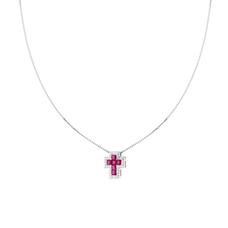 COLLANA CATENA VENEZIANA DIAMANTATA CON CROCE ROSSO RUBINO CONTORNATA DA CUBIC ZIRCONIA BIANCHI IN ARGENTO 925 GALVANICA RODIO