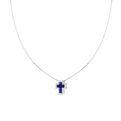 COLLANA CATENA VENEZIANA DIAMANTATA CON CROCE BLU ZAFFIRO CONTORNATA DA CUBIC ZIRCONIA BIANCHI IN ARGENTO 925 GALVANICA RODIO