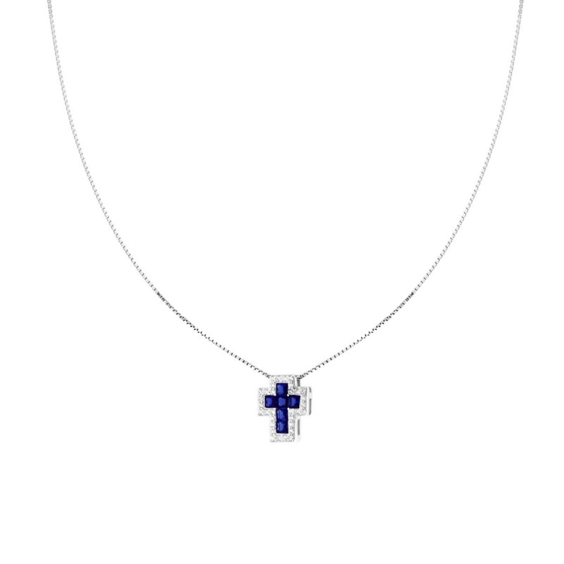 COLLANA CATENA VENEZIANA DIAMANTATA CON CROCE BLU ZAFFIRO CONTORNATA DA CUBIC ZIRCONIA BIANCHI IN ARGENTO 925 GALVANICA RODIO