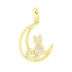 CIONDOLO LUNA E GATTO CON CUBIC ZIRCONIA BIANCHI IN ARGENTO 925 GALVANICA ORO