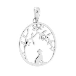 CIONDOLO ALBERO DELLA VITA OVALE CON GATTO E CUBIC ZIRCONIA BIANCHI IN ARGENTO 925 GALVANICA RODIO