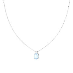 COLLANA CATENA FORZATINA DIAMANTATA CON PUNTO LUCE OVALE CUBIC ZIRCONIA ACQUAMARINA IN ARGENTO 925 GALVANICA RODIO