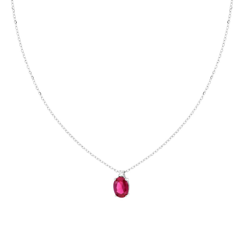COLLANA CATENA FORZATINA DIAMANTATA CON PUNTO LUCE OVALE CUBIC ZIRCONIA ROSSO RUBINO IN ARGENTO 925 GALVANICA RODIO