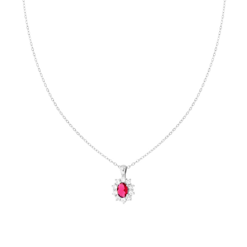 COLLANA CATENA FORZATINA DIAMANTATA CON OVALE ROSSO RUBINO CONTORNATO DA CUBIC ZIRCONIA BIANCHI IN ARGENTO 925 GALVANICA RODIO