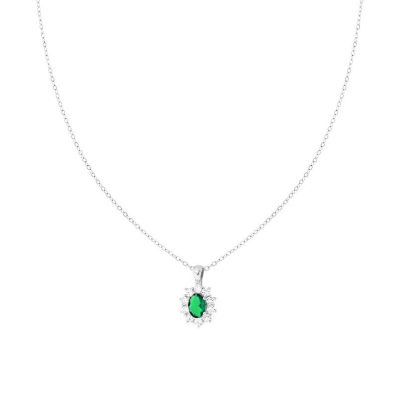 COLLANA CATENA FORZATINA DIAMANTATA CON OVALE VERDE SMERALDO CONTORNATO DA CUBIC ZIRCONIA BIANCHI IN ARGENTO 925 GALVANICA RODIO