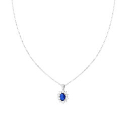 COLLANA CATENA FORZATINA DIAMANTATA CON OVALE BLU ZAFFIRO CONTORNATO DA CUBIC ZIRCONIA BIANCHI IN ARGENTO 925 GALVANICA RODIO