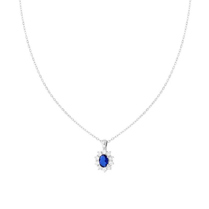 COLLANA CATENA FORZATINA DIAMANTATA CON OVALE BLU ZAFFIRO CONTORNATO DA CUBIC ZIRCONIA BIANCHI IN ARGENTO 925 GALVANICA RODIO