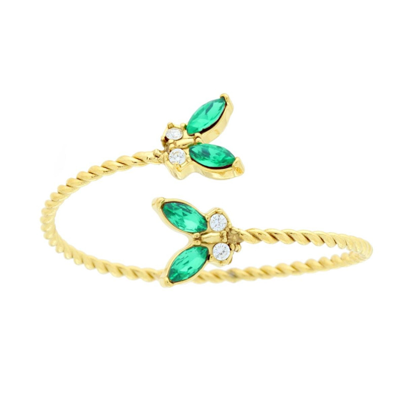 ANELLO CONTRARIE FARFALLE CON CRYSTAL VERDE SMERALDO E BIANCHI IN ACCIAIO COLORE ORO