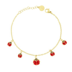 BRACCIALE CATENA FORZATINA DIAMANTATA CON COCCINELLE SMALTO ROSSO E NERO PENDENTI IN ACCIAIO COLORE ORO
