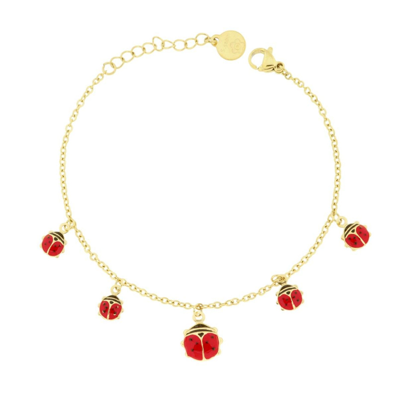 BRACCIALE CATENA FORZATINA DIAMANTATA CON COCCINELLE SMALTO ROSSO E NERO PENDENTI IN ACCIAIO COLORE ORO