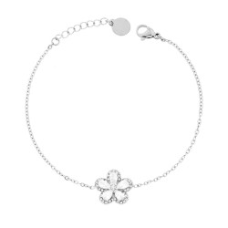 BRACCIALE CATENA FORZATINA DIAMANTATA CON FIORE CENTRALE E CRYSTAL BIANCHI IN ACCIAIO