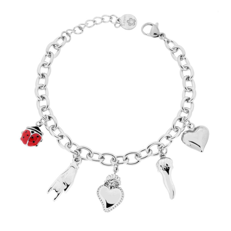 BRACCIALE CATENA FORZATINA CON CHARMS PORTAFORTUNA PENDENTI CUORE VOTIVO E MANO CORNA CORNO CUORE COCCINELLA CON SMALTO ROSSO IN