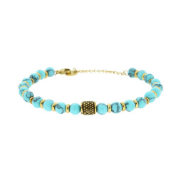 BRACCIALE CATENA CON PIETRE NATURALI TURCHESE PALLINE E ACCESSORI IN ACCIAIO COLORE ORO