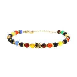 BRACCIALE CATENA CON PIETRE NATURALI MULTICOLOR PALLINE E ACCESSORI IN ACCIAIO COLORE ORO