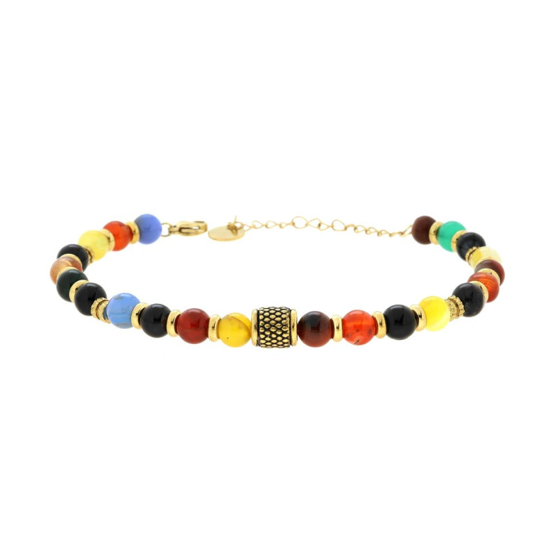 BRACCIALE CATENA CON PIETRE NATURALI MULTICOLOR PALLINE E ACCESSORI IN ACCIAIO COLORE ORO